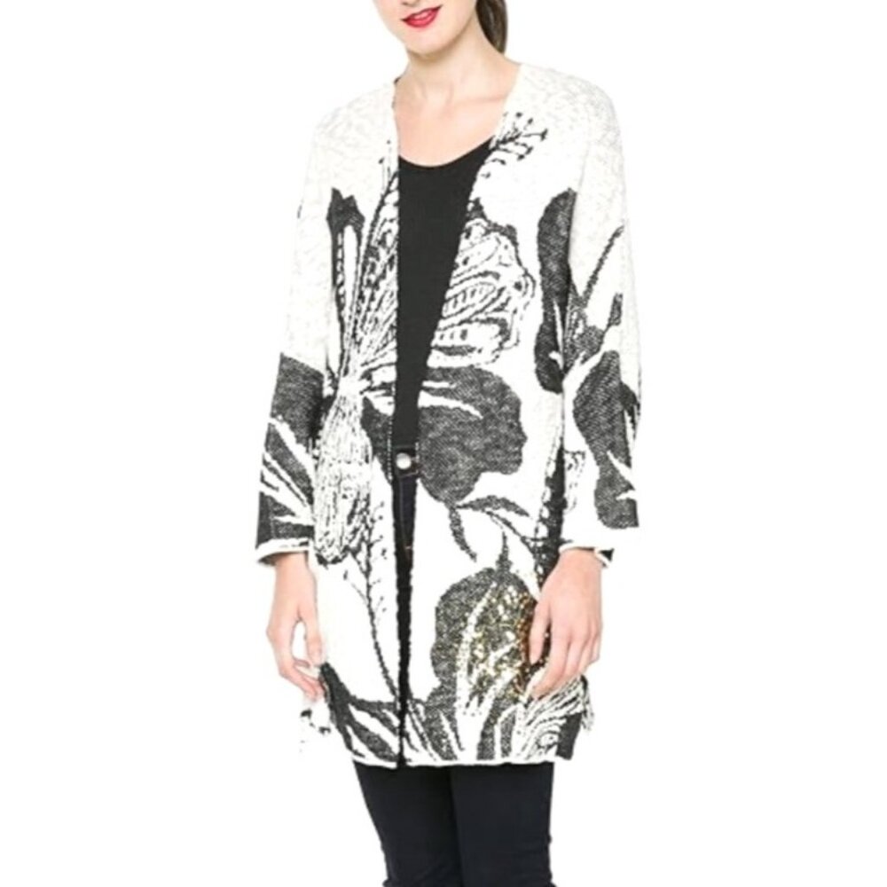 Desigual Womens Sz M Floral Open Front Mykonos Cardigan With Gold Sequin Accents